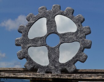 GREY GEAR MIRROR, Large Wall Mirror, Steampunk Wall Decor, Wheel Mirror, Gear Wall Art, Paper Mache Mirror, Peculiar Mirror, Unusual Mirrors