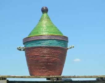 GROßER BUNTER HANFKorb, Pappmaché Krug, Boho Möbel, Handgemachte Möbel, Boho Home Dekor, Ausgefallener Behälter, Haus Wärmende Geschenke