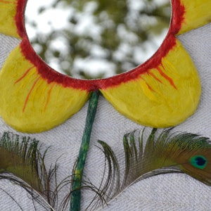 2 PEACOCK FEATHERS FLOWER, Yellow Flower Wall Mirror, Unique Mirrors, Red & Yellow Mirrors, Boho Wall Decor, Small Bedroom Decorative Mirror image 3