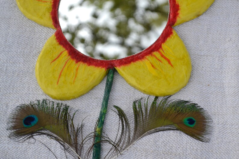 2 PEACOCK FEATHERS FLOWER, Yellow Flower Wall Mirror, Unique Mirrors, Red & Yellow Mirrors, Boho Wall Decor, Small Bedroom Decorative Mirror image 3