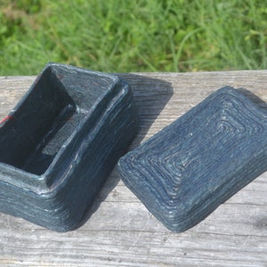 Pode incluir: Uma caixa retangular azul escura com uma superfície texturizada. A caixa está aberta e a tampa está ao lado.