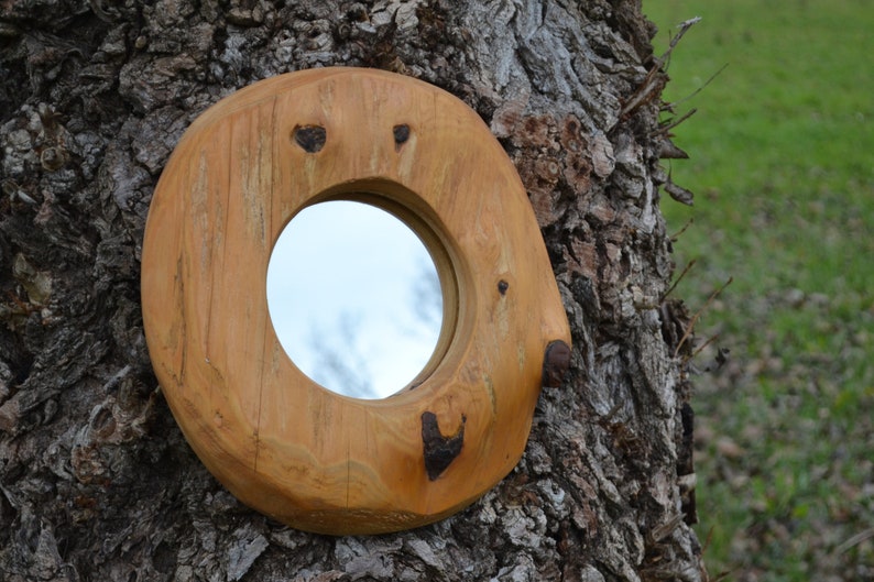 Puede incluir: Un espejo redondo de madera con un acabado de madera natural. El espejo est&aacute; tallado con formas de coraz&oacute;n alrededor del borde y est&aacute; montado en un tronco de &aacute;rbol.