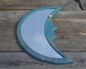 Blue Crescent Moon Wall Mirror, Paper Mache Face, Children's Room Decor
