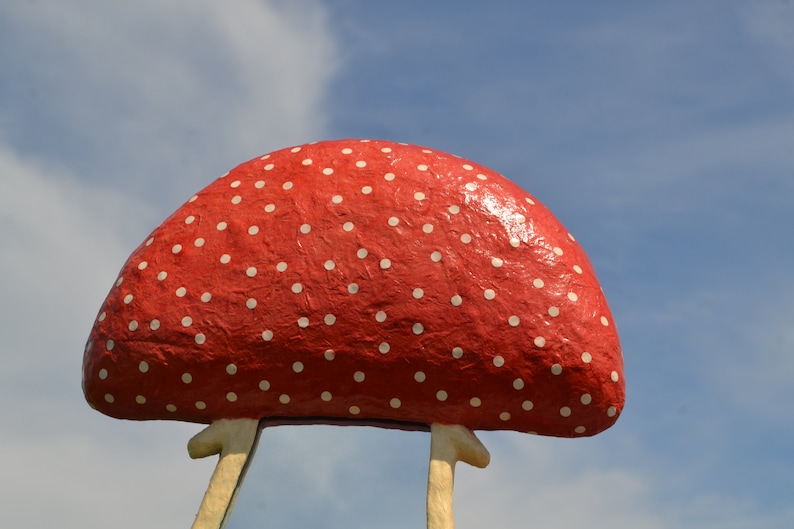 Pu&ograve; includere: Una grande scultura di fungo rosso con pois bianchi. La scultura &egrave; realizzata in cartapesta e ha una finitura lucida. Il fungo &egrave; in piedi su due gambe bianche.