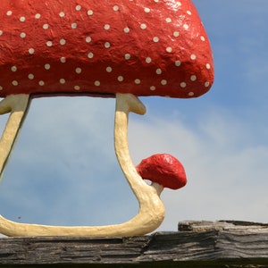 Pu&ograve; includere: Uno specchio a forma di fungo rosso con pois bianchi e un fungo pi&ugrave; piccolo sul lato. Lo specchio &egrave; appoggiato su una superficie di legno.