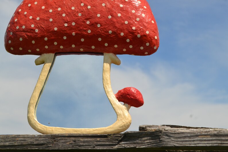 Pu&ograve; includere: Uno specchio a forma di fungo rosso con pois bianchi e un fungo pi&ugrave; piccolo sul lato. Lo specchio &egrave; appoggiato su una superficie di legno.
