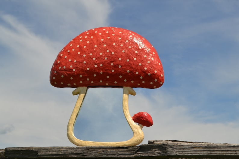 Pu&ograve; includere: Uno specchio a forma di fungo rosso con pois bianchi e un fungo pi&ugrave; piccolo sul lato. Lo specchio &egrave; fatto di cartapesta e si trova su una superficie di legno.