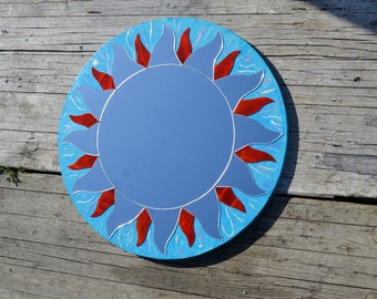 NEW HOME MIRROR, Large Sun Mirror, House Warming Gifts, Decorative Wall Mirror, Sunburst Mirror, Large Blue Round Mirror, Anniversary Gifts