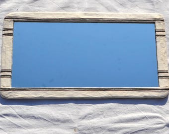 VINTAGE HEMP FABRIC Papier-Mache Wall Mirror, Large White Mirror, Striped Wall Mirror, Boho Wall Decor, Vintage Flour Sack as Mirror Frame
