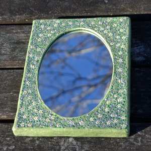 TINY FLOWERS PAINTED Decorative Wall Mirror, Paper Mache Mirror, Small Rectangular Mirror, Green Mirrors, Shabby Chick Mirrors, Boho Mirrors