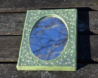 TINY FLOWERS PAINTED Decorative Wall Mirror, Paper Mache Mirror, Small Rectangular Mirror, Green Mirrors, Shabby Chick Mirrors, Boho Mirrors