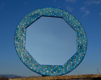 PAINTED BLUE MIRROR, Decorative Wall Mirror, Round Hanging Mirror, Paper Mache Mirror, Flower Pattern Mirror, First Home Gifts, Boho Mirrors