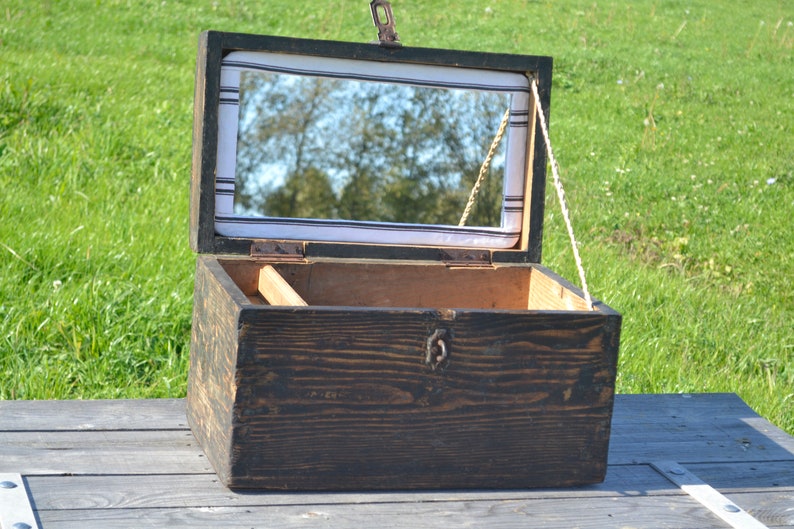 Iron Handler Large Wooden Box with Mirror Wooden Trunk w 1900s Antiques ANTIQUE WOODEN CHEST with Iron Reinforced Bottom Mirrored Box