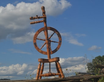 VINTAGE PAINTED SPINNING Wheel, 'Ohne Fleiß kein Preis' Spinning Wheel, German Incomplete Spinning Wheel, Rustic Home Decor, Wooden Tools