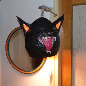 Yelling Black Cat grinning mouth, full of teeth & 6 real cat whiskers: UNIQUE PAPERMACHE LAMPSHADE, Black Lamp, Unusual Hanging Lamp, Oddity image 6