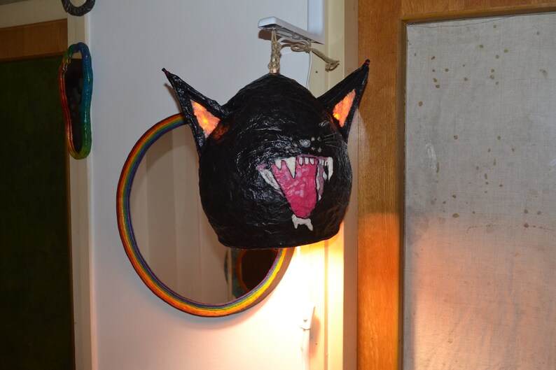 Yelling Black Cat grinning mouth, full of teeth & 6 real cat whiskers: UNIQUE PAPERMACHE LAMPSHADE, Black Lamp, Unusual Hanging Lamp, Oddity image 6