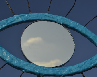 BLUE EYE MIRROR, Sad Eye Mirror w. 18 Peacock Feathers Eyelashes & Mirrored Teardrop, Unusual Mirror, PaperMache Mirror, Eye Wall Decor, Eye