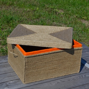 BAÚL GRANDE DE CÁÑAMO, Caja de cartón reciclado recubierta de cuerda de cáñamo, Baúl de cáñamo, Caja de cueva para hombres, Cueva para gatos, Ataúd de cáñamo, Caja de almacenamiento grande con 2 asas