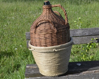 25l GREEN GLASS DEMIJOHN Bottle & 6 Handler Hemp Basket, Large Damme Jeanne, Demi John Vase, Country Kitchen, Rustic Home Decor, Large Vases