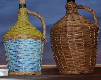 2 VINTAGE DEMIJOHN BOTTLES, 5 & 10 l Wine Bottles, Green Glass Demijohn, Wicker Damme Jeanne, Country Decor, DemiJohn Vase, Demijohn, Bottle