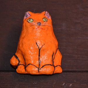 ORANGE CHUBBY CAT, Ginger Paper Mache Cat, Green Eyed Cat, Cat Shelf Decor, Cat Lover Gift Idea, Cat Statue, Orange Standing Cat, Cat Corner