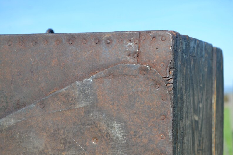 Iron Handler Large Wooden Box with Mirror Wooden Trunk w 1900s Antiques ANTIQUE WOODEN CHEST with Iron Reinforced Bottom Mirrored Box