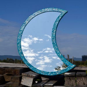 BIG MOON Mirror, CRESCENT Moon Mirror, Extra Large Wall Mirror, Turquoise Moon with Silver Touch, Anniversary Gifts, Birthday Gifts, Mirrors