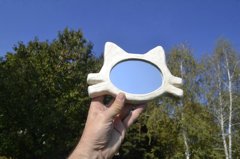 WHITE CAT's HEAD Mirror, Decorative Wall Mirror, white cat, unique hand made mirror, cat lover's furniture, Small Wall Mirror, Cat Mirror image 1