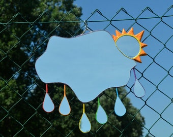 RAINBOW RAINY CLOUD & Sun: Frameless Wall Mirror, Asymetrical Mirror, Full Size Mirror, Eclectic Wall Decor, House Warming Gift, Boho Mirror