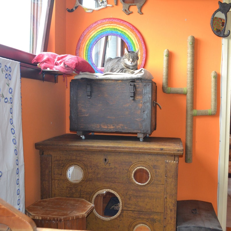 Op de afbeelding: Een houten kist met een kat erop. De kist staat op een houten dressoir met drie lades. Het dressoir heeft ronde uitsparingen in de lades. Er is een regenboogkleurige spiegel achter de kist.