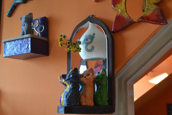 ANTIQUE WOODEN SHELF, Standing Mirror/ Wall Mirror, Candle Holder/ Keys Holder, Cat Wall Decor, Cat Home Decor, Vintage Wall Mirror w. Shelf