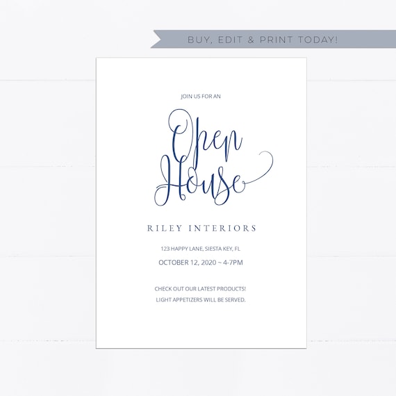 open house invitation template 5x7 editable printable invite navy calligraphy simple minimal minimalistic modern vintage diy b018 open house invite template