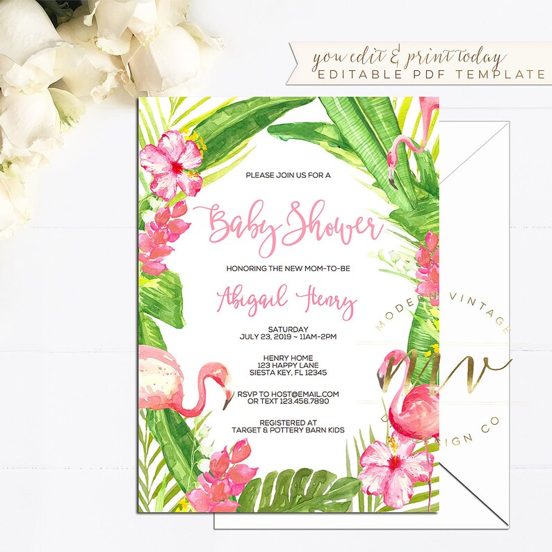 Tropical Flamingo Baby Shower Invitation Editable Template Etsy