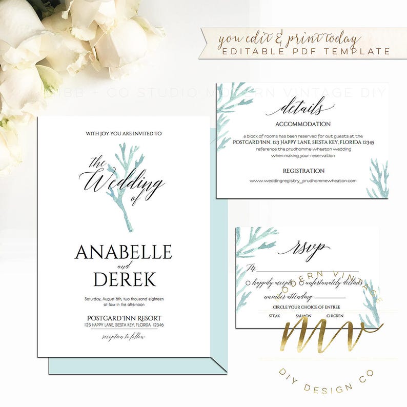 Beach Wedding Invitation Set Editable Templates Printable Etsy