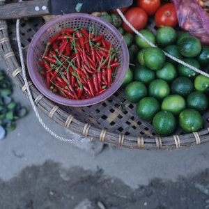 Basket of Limes and Peppers, Saigon, Vietnam, Food Photography, Color Photography, Art Print, Wall Art, Red and Green, Film, Food Art, Chili