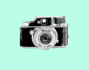 Classic Camera print, vintage camera print, camera art, Hit camera, mini spy camera, seafoam, spy camera print, art print, digital print