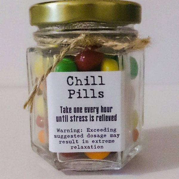 Chill Pills Gag Joke Glass Jar Birthday Present Work University School Exam Stress Life Skittles