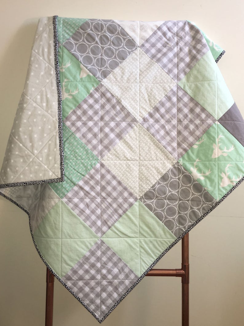 Handmade Quilts Baby Shower Present in Modern Gender Neutral Gray Nursery Bedding
