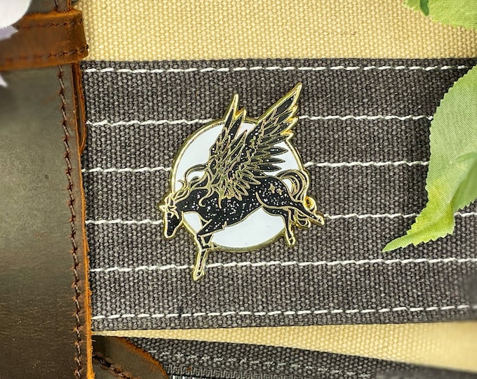 Original Starry Pegasus Hard Enamel Pins Black Glitter Glow in the Dark Winged Horse Greek mythology