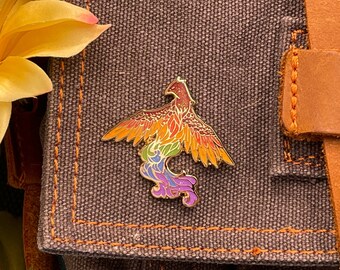 Original Rainbow Phoenix Hard Enamel Pins Gold Plate and Rainbow Glitter
