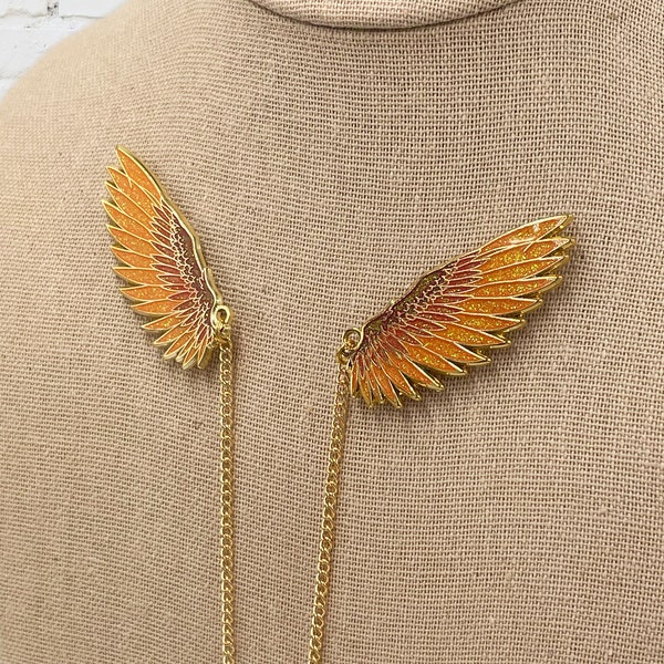 Phoenix Wings Collar Pins Gold Plate Hard Enamel Pins w/ Chain - Fantasy and Cosplay Jewelry