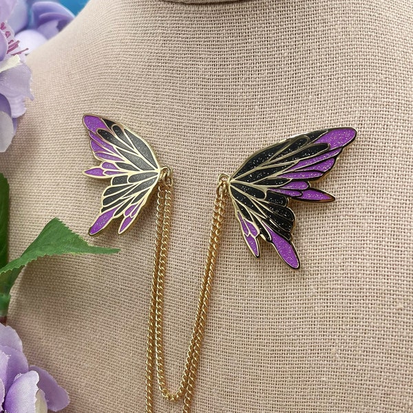 Shadow Fairy Butterfly Wings Hard Enamel Collar Pins with Gold Plate and Glitter