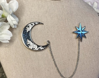 Celestial Moon and Star Collar Pins - Hard Enamel Pin Silver colored plating