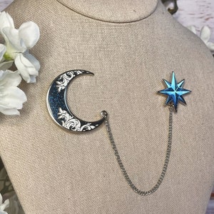 Celestial Moon and Star Collar Pins - Hard Enamel Pin Silver colored plating