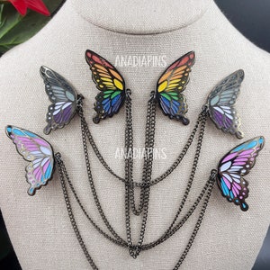 Pride Butterfly Wings Collar Pins Black Plate Hard Enamel Pins w/ Double Chain - Fantasy and Cosplay Jewelry - Rainbow, Ace, Trans, and more