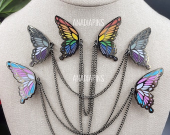 Pride Butterfly Wings Collar Pins Black Plate Hard Enamel Pins w/ Double Chain - Fantasy and Cosplay Jewelry - Rainbow, Ace, Trans, and more