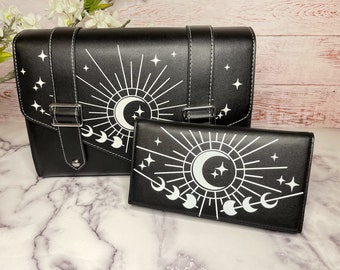 Celestial Fantasy Wallets - Faux Leather Black Wallet Clutch with Optional Straps