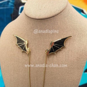 Black Bat/Demon/Dragon Collar Pins Silver Plate Hard Enamel Pins w/ Chain - Fantasy and Cosplay Jewelry