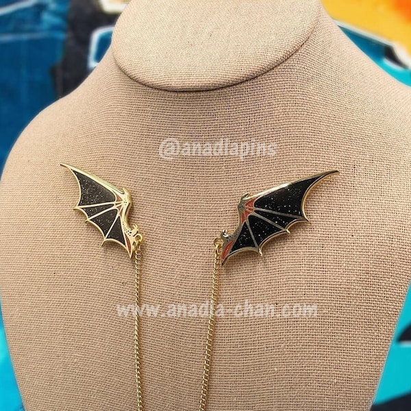 Black Bat/Demon/Dragon Collar Pins Silver Plate Hard Enamel Pins w/ Chain - Fantasy and Cosplay Jewelry