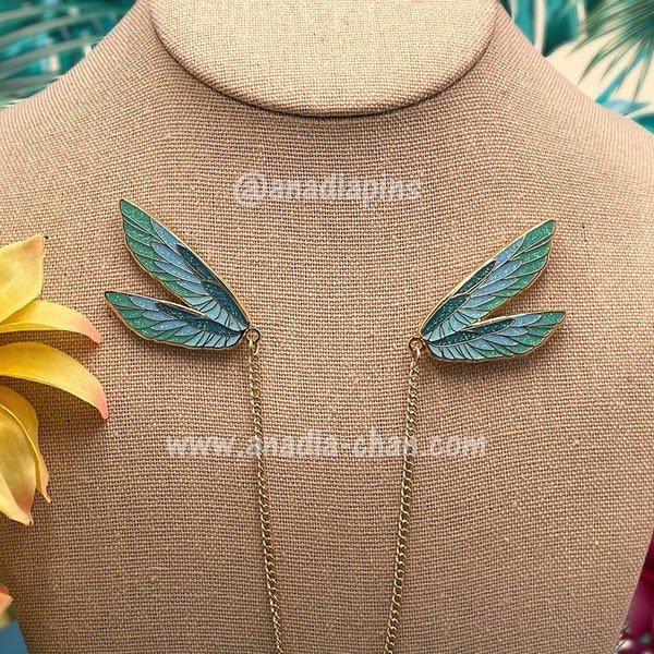 Fairy Wings Collar Pins Gold Plate Hard Enamel Pins w/ Chain - Fantasy and Cosplay Jewelry - Dragonfly style wings